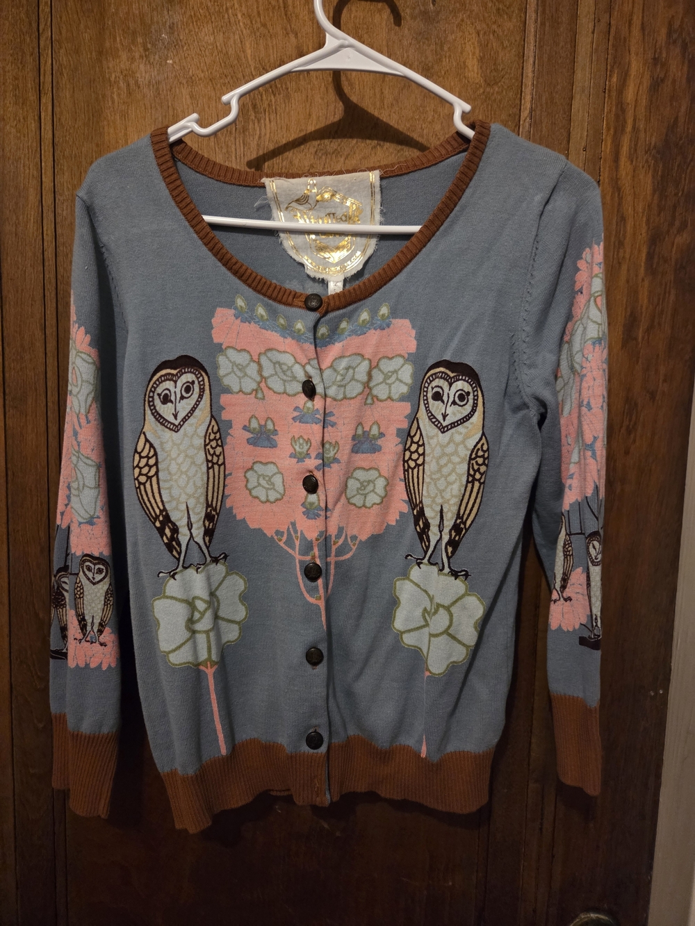 Knitted Dove Owl Floral Crewneck Cardigan Sweater - Blue and Pink